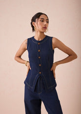 A Model Wearing Blue Denim The Daydream Denim Waistcoat, curated by Only Ethikal